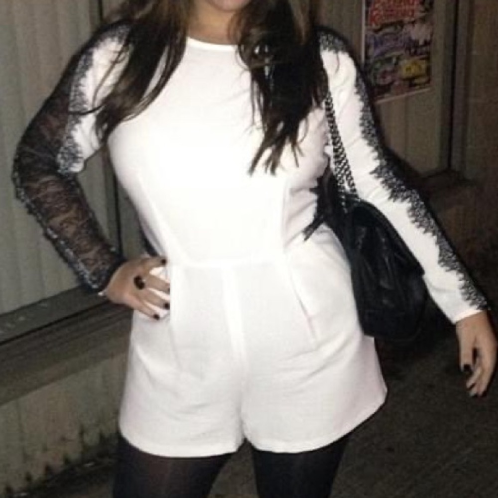 TopShop White Romper with Black lace sleeves